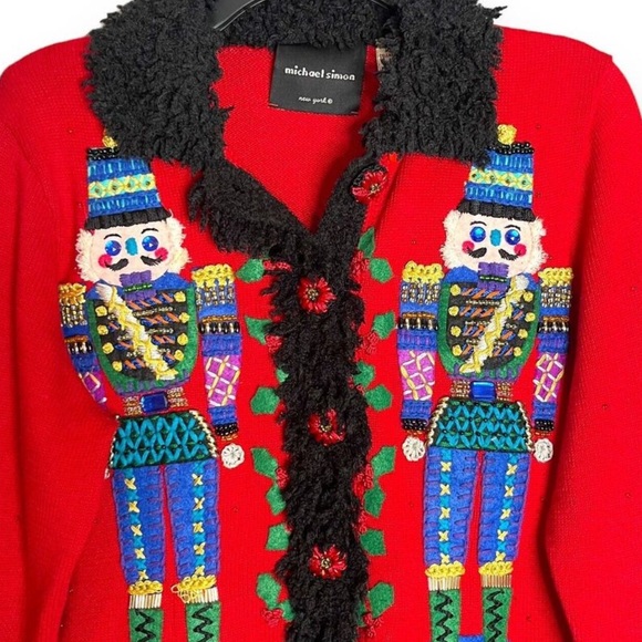 Michael Simon Womens Sz M Beaded Nutcracker Sweater Cardigan Black Fringe Trim - Picture 5 of 15